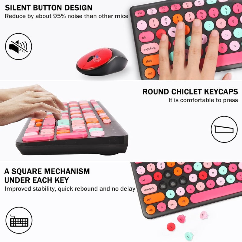 GUKJOB Wireless Keyboard and Mouse Combo, Retro Typewriter Keyboard with Round Keycaps, 2.4GHz USB Cute Wireless Keyboard Mouse for Computer, Desktop, Laptop and Computer (Black-Colorful) - Image 4